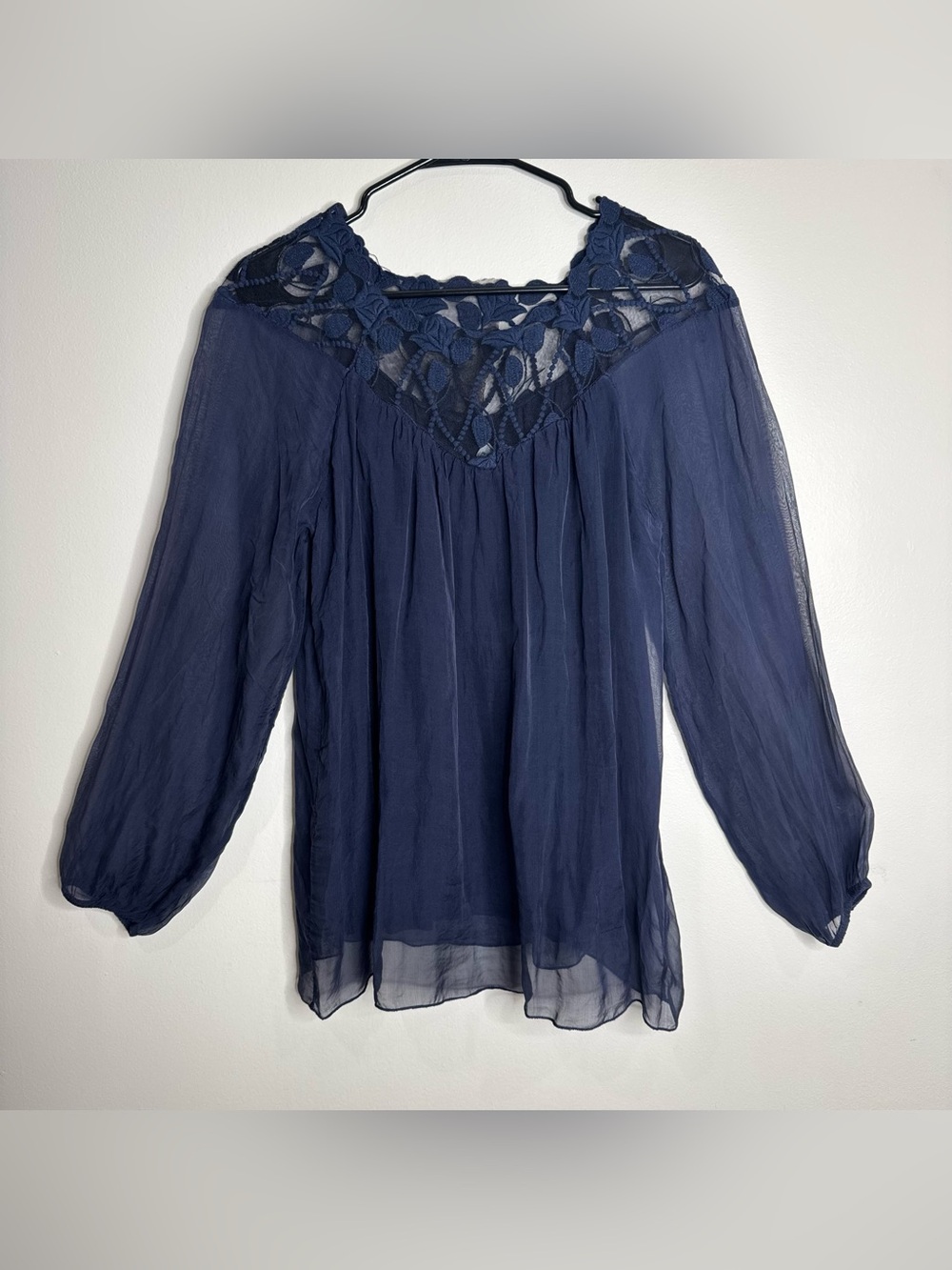NWT Elena Baldi 100% Silk Navy Blue Fairy Flowy Boho Crochet Blouse Large